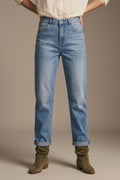 Jeans Azul Mid Wash com Perna Reta no Estilo Mom Fit