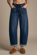 Jeans de Cintura com Cordão de Lavagem Escura com Barra Dobrada e Perna Larga