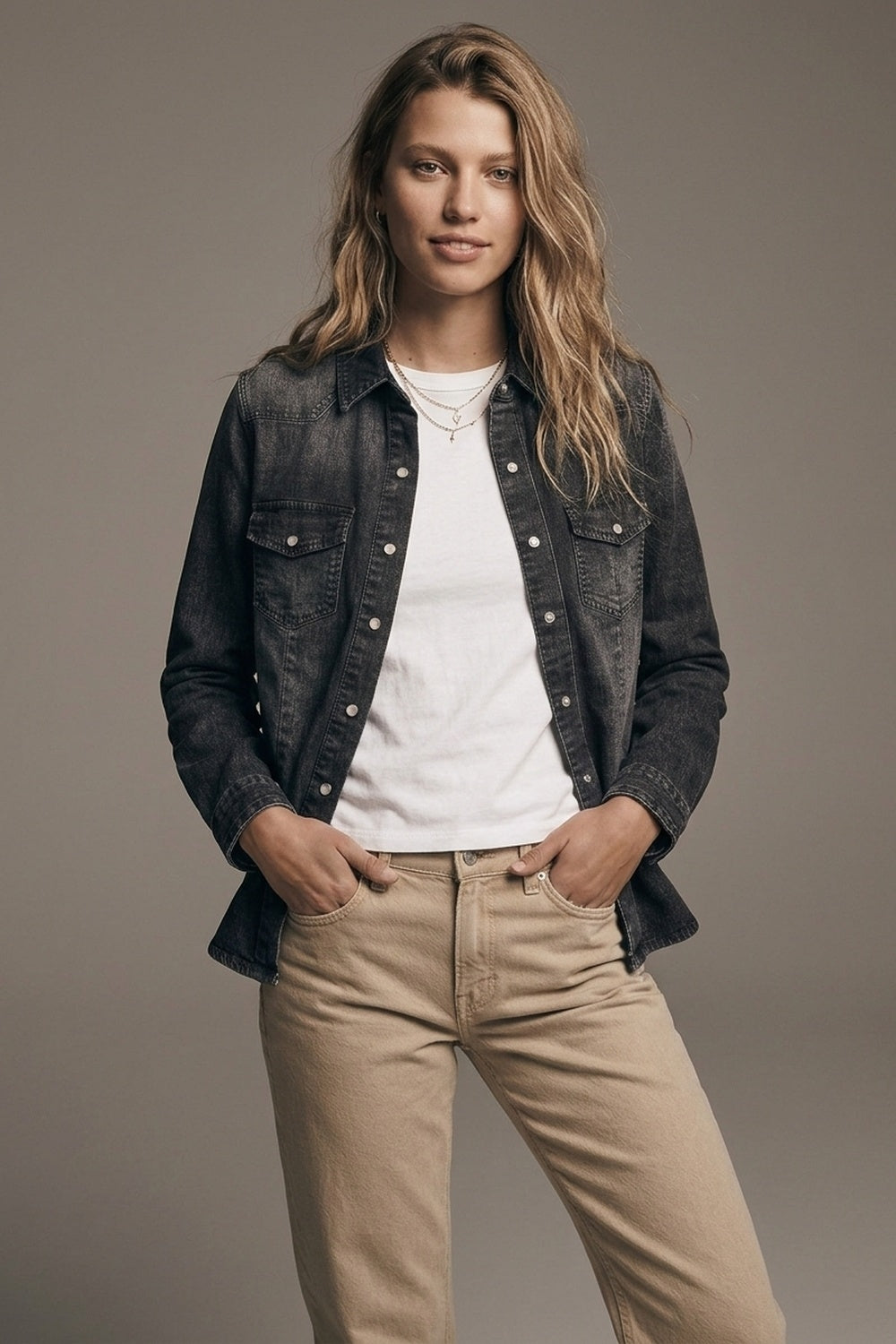 Jaqueta Camisa de Denim Preto Lavado com Botões