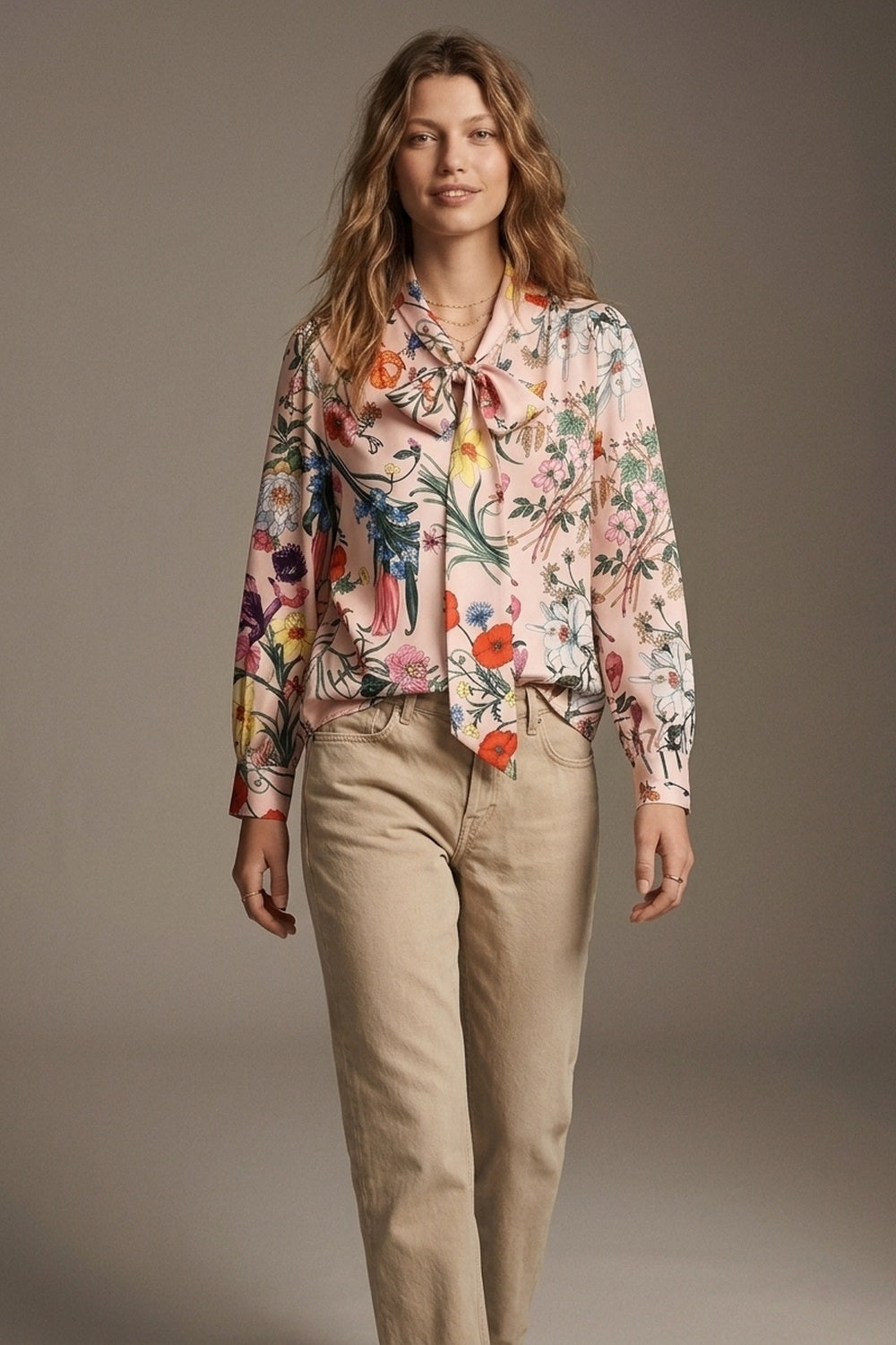 Blusa de Cetim Rosa Claro com Estampa Floral e Laço no Pescoço de Manga Longa