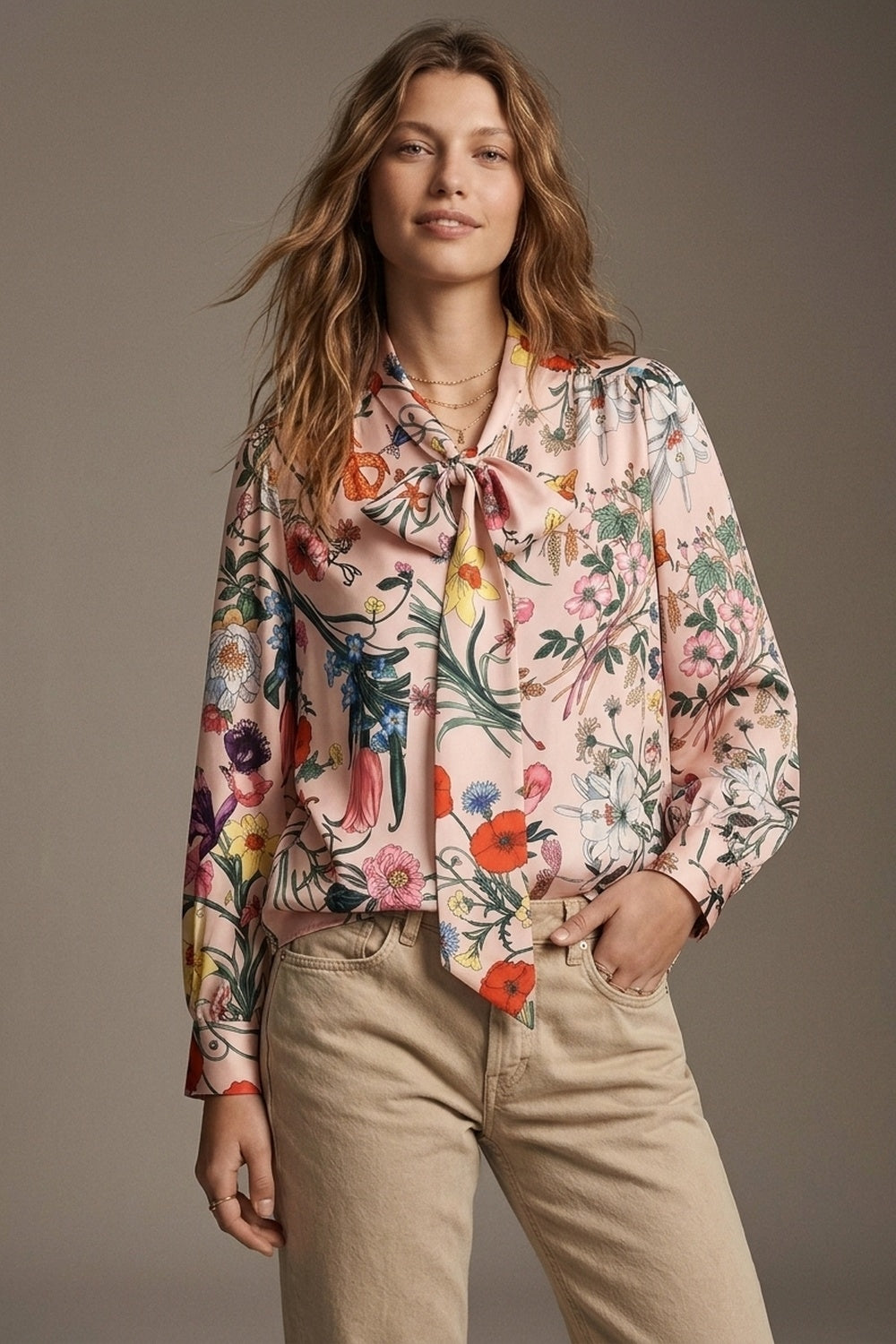 Blusa de Cetim Rosa Claro com Estampa Floral e Laço no Pescoço de Manga Longa