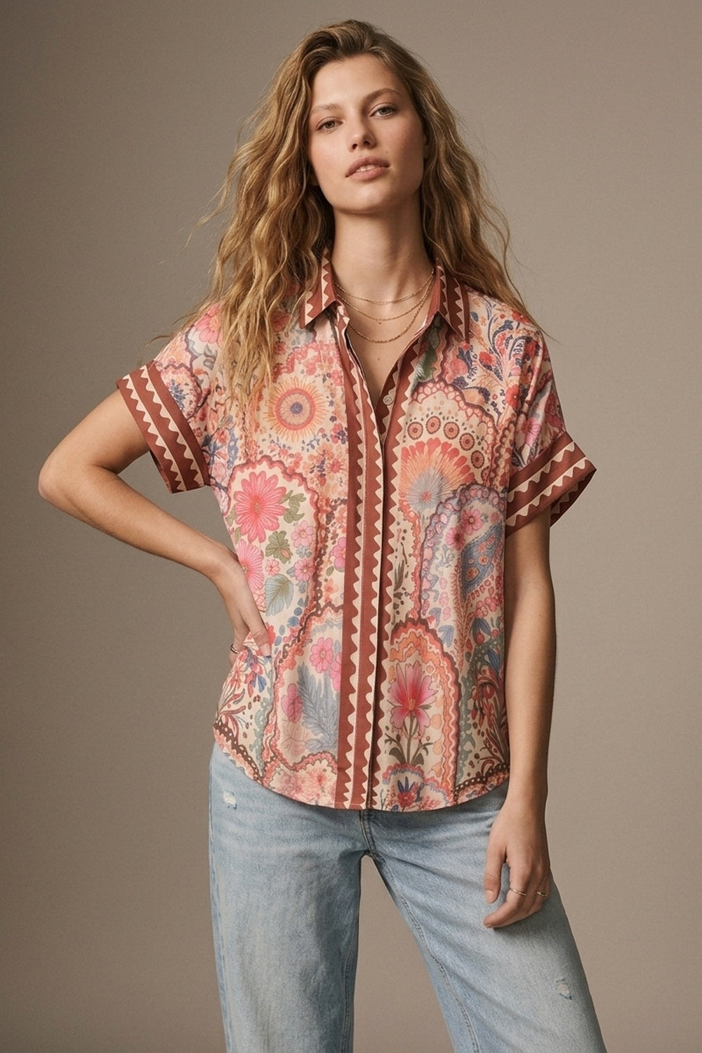 Camisa de Tecido Leve com Estampa Floral Multicolorida e Acabamento Contrastante