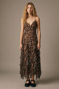 Vestido Maxi com Estampa de Leopardo Marrom em Tecido de Chiffon com Barra com Babados