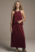 vestido maxi com decote halter de tecido macio stretch em borgonha