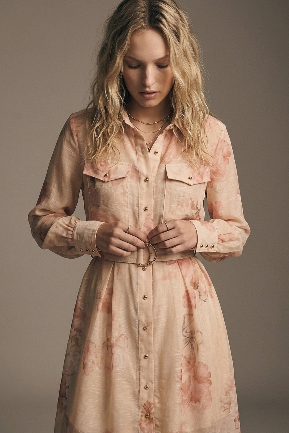 Vestido Camisa Midi de Chiffon com Estampa Floral Bege e Botões Dourados