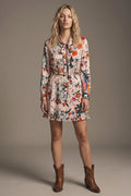 Vestido Mini de Cetim com Estampa Floral Rosa Gola com Laço e Cinto