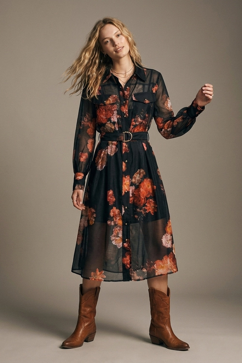 Vestido Camisa Midi Preto com Estampa Floral Transparente com Cinto e Mangas Longas