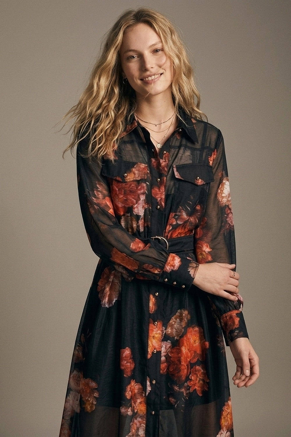 Vestido Camisa Midi Preto com Estampa Floral Transparente com Cinto e Mangas Longas