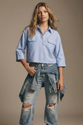 Camisa Cropped de tecido oxford Azul Claro com mangas 3/4
