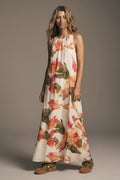 Vestido maxi sem mangas tecido leve estampa floral creme corte descontraído