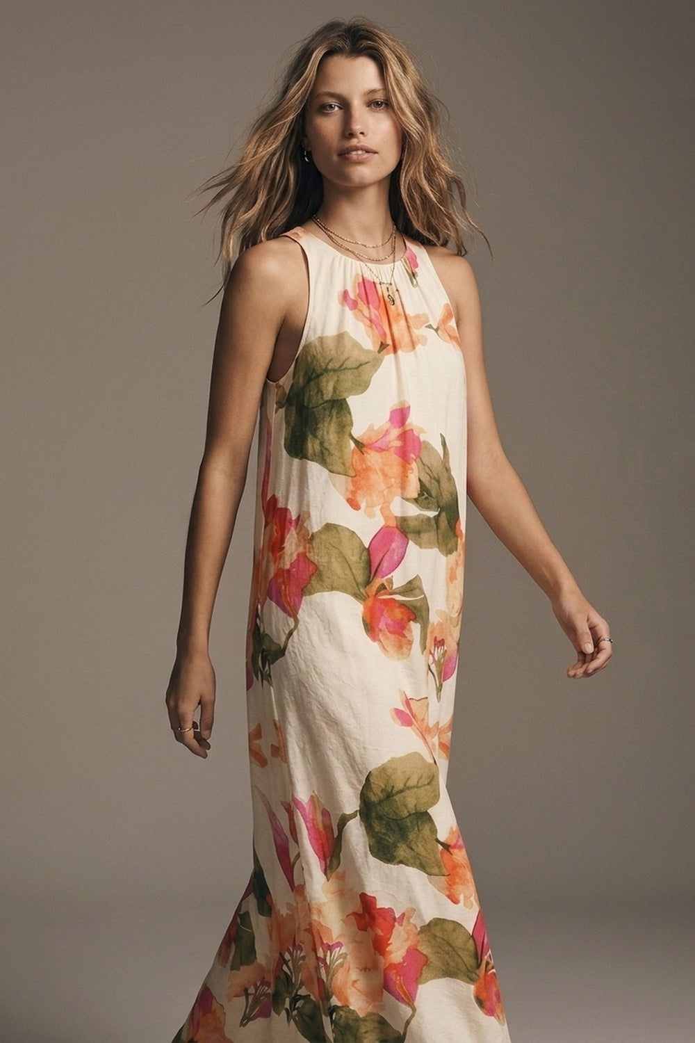 Vestido maxi sem mangas tecido leve estampa floral creme corte descontraído