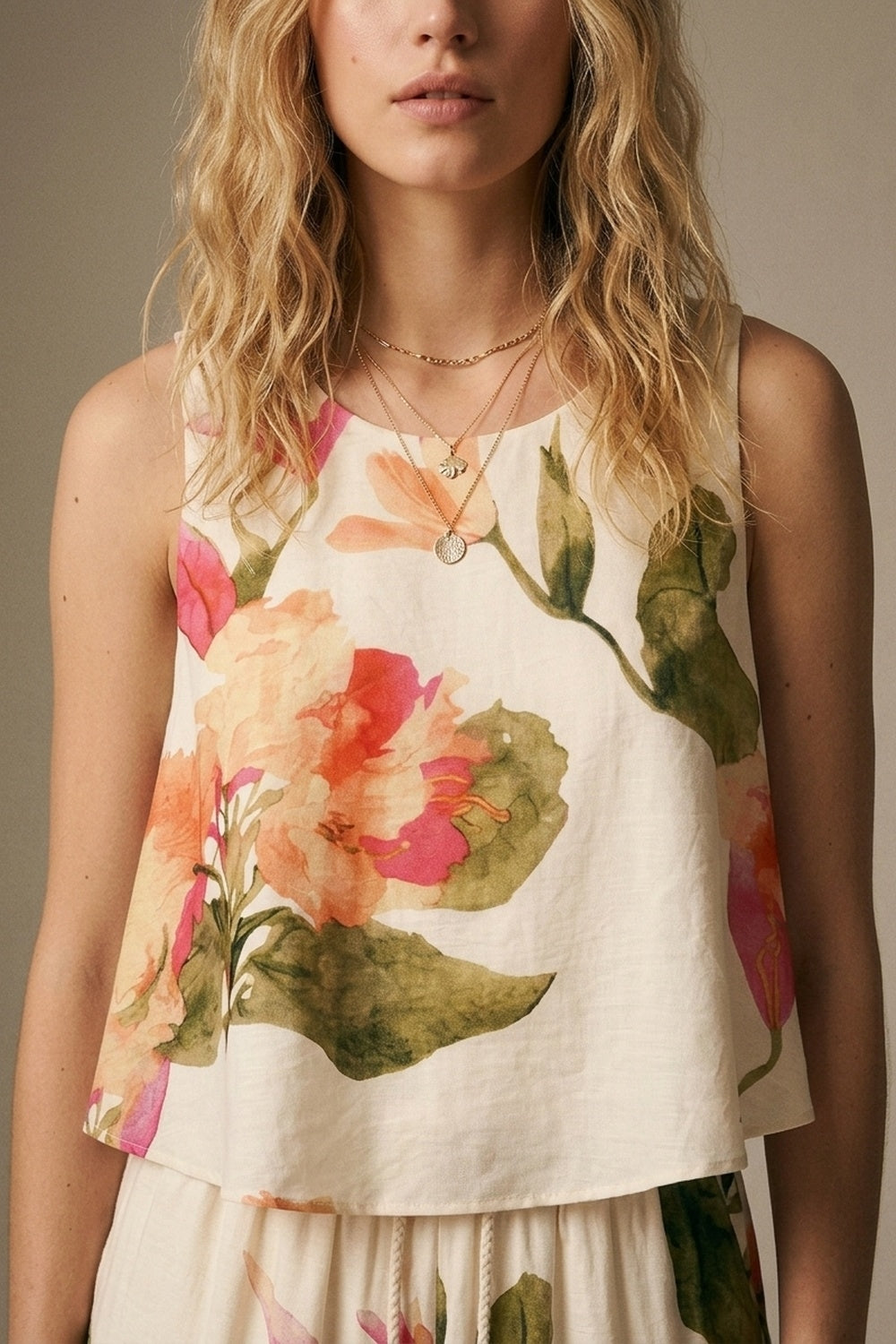 Top Sem Mangas com Estampa Floral Creme