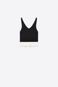 Top Cropped de Malha Canelada Preta com Barra Contrastante Decote V