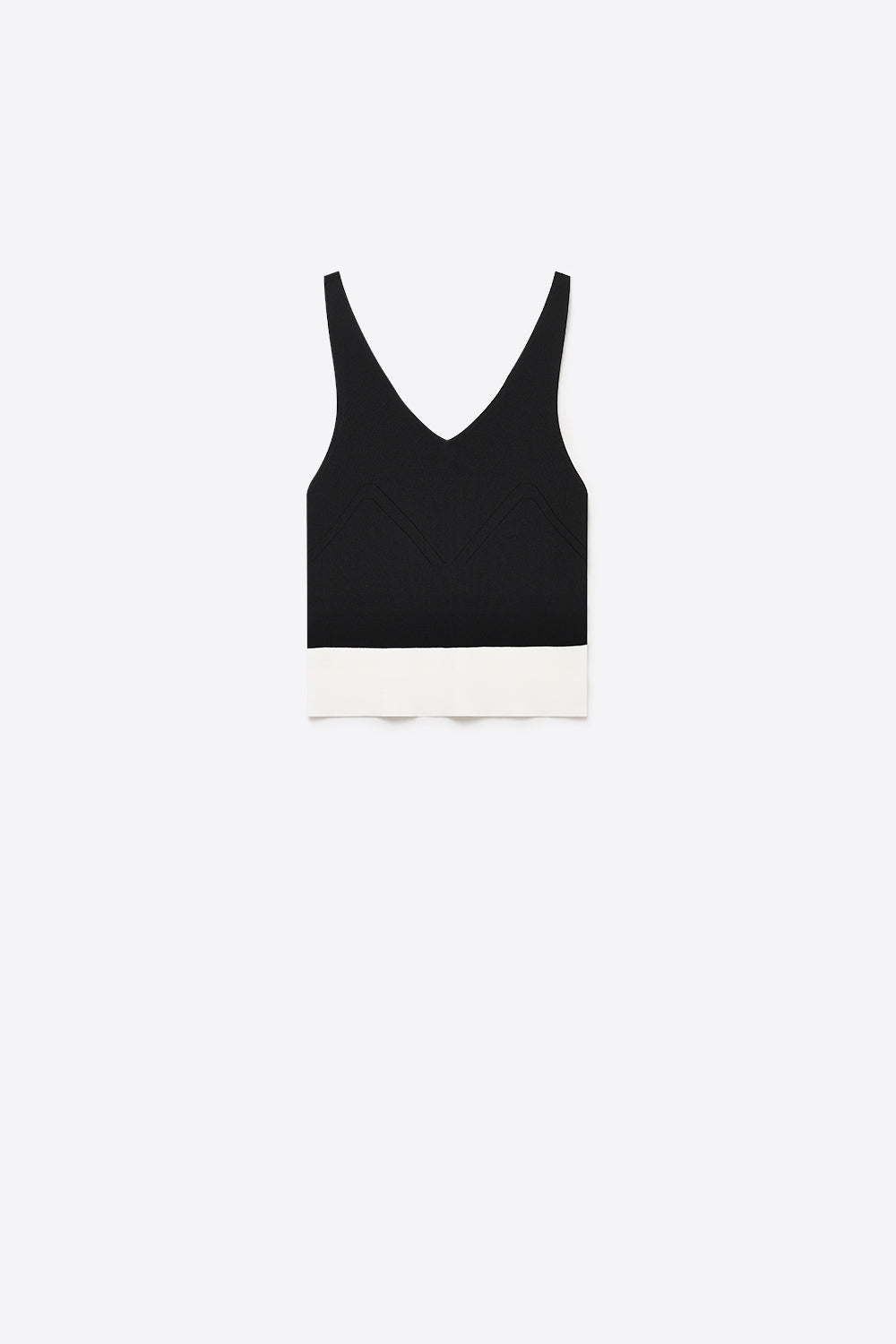 Top Cropped de Malha Canelada Preta com Barra Contrastante Decote V