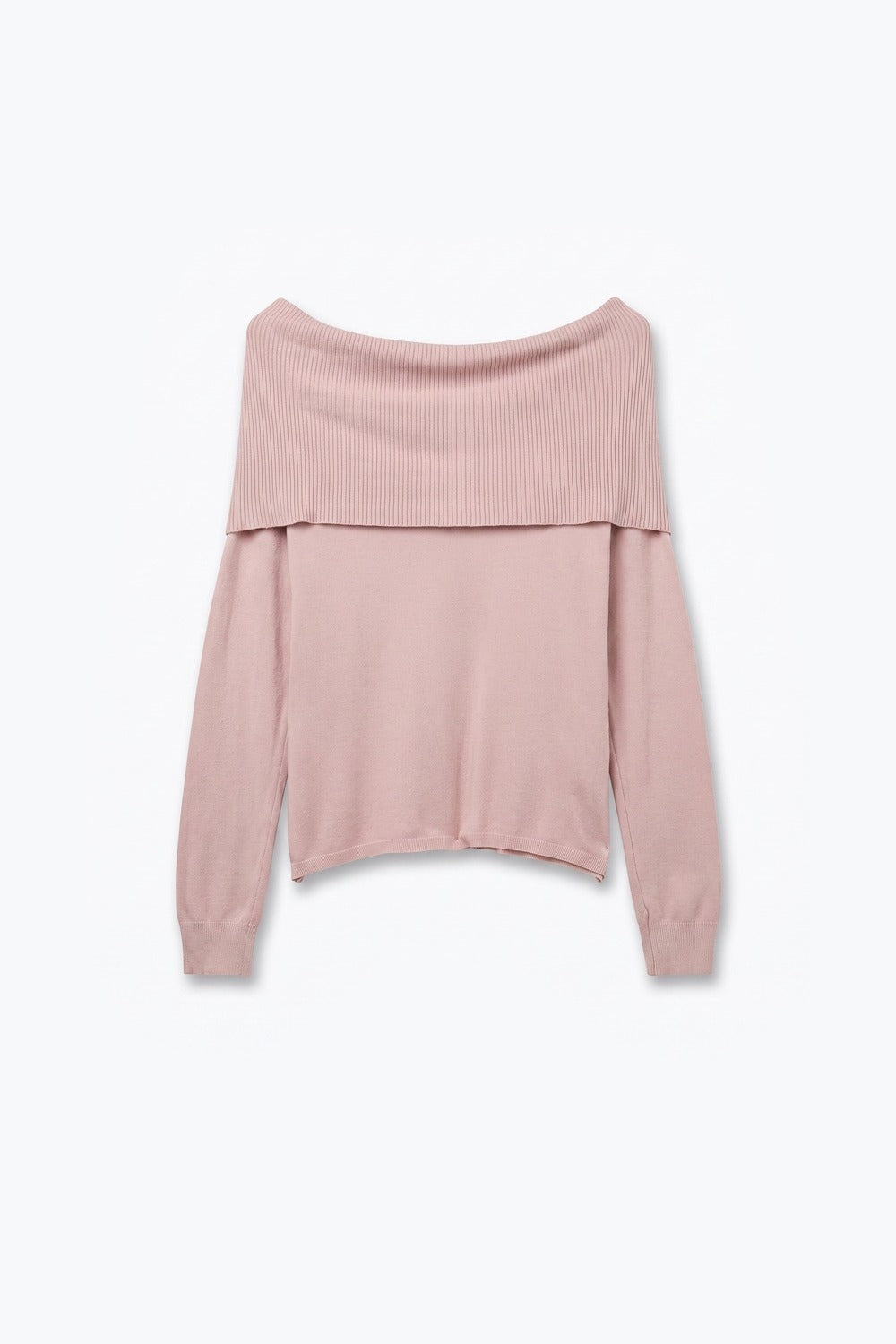 Suéter de Tricô Canelado Rosa Claro Ombro a Ombro de Manga Longa