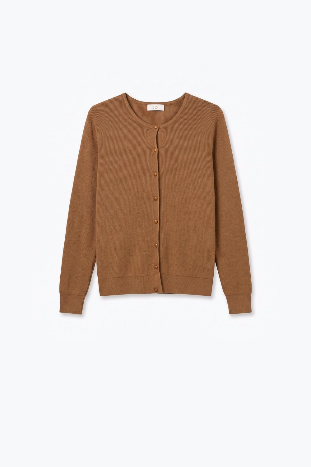 Cardigan de Tricô Canelado com Botões e Gola Redonda Camel