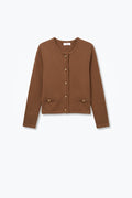 Cardigan Cropped de Malha Fina Marrom com Botões Dourados