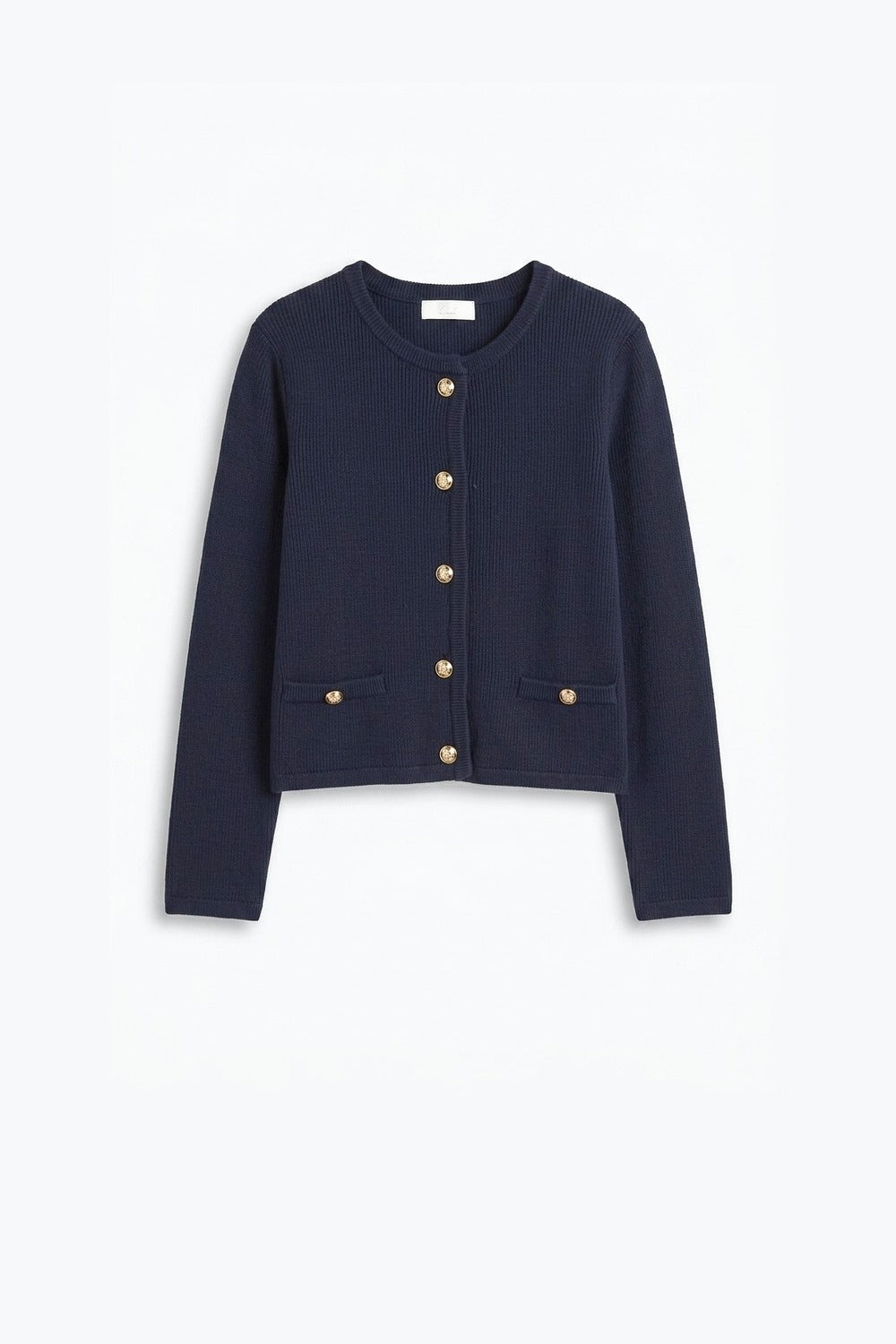 Cardigan de Malha Fina Azul-Marinho com Botões Dourados Curtos