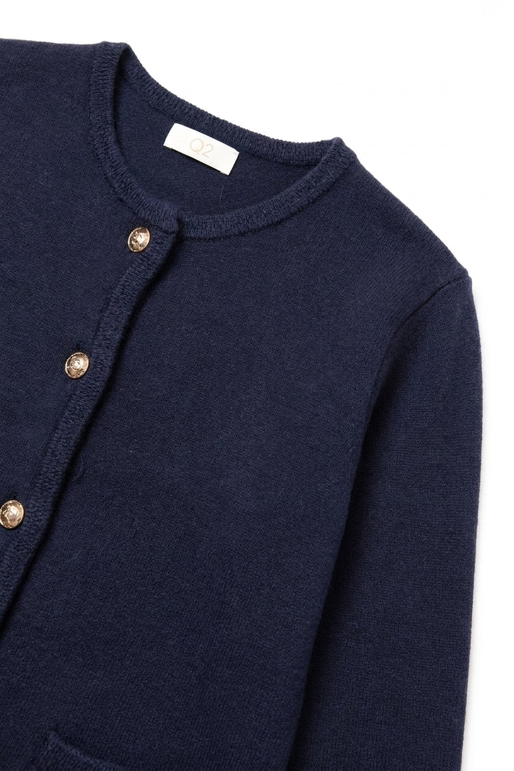 Cardigan de Malha Fina Azul-Marinho com Botões Dourados Curtos