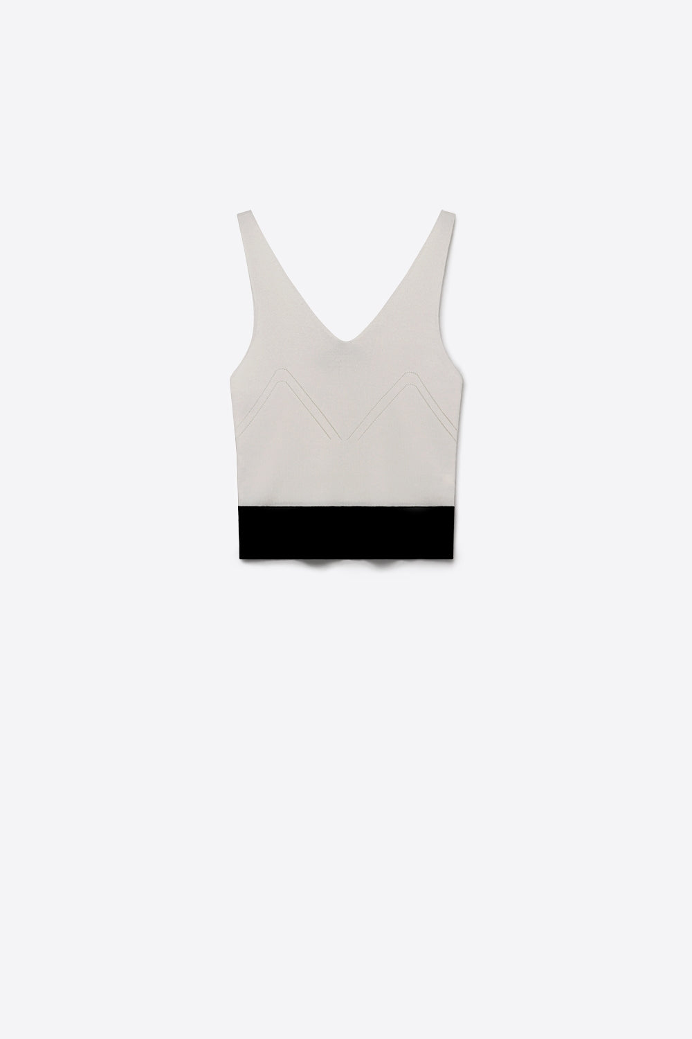 Top Cropped de Malha Canelada Branca com Barra Contrastante e Decote V