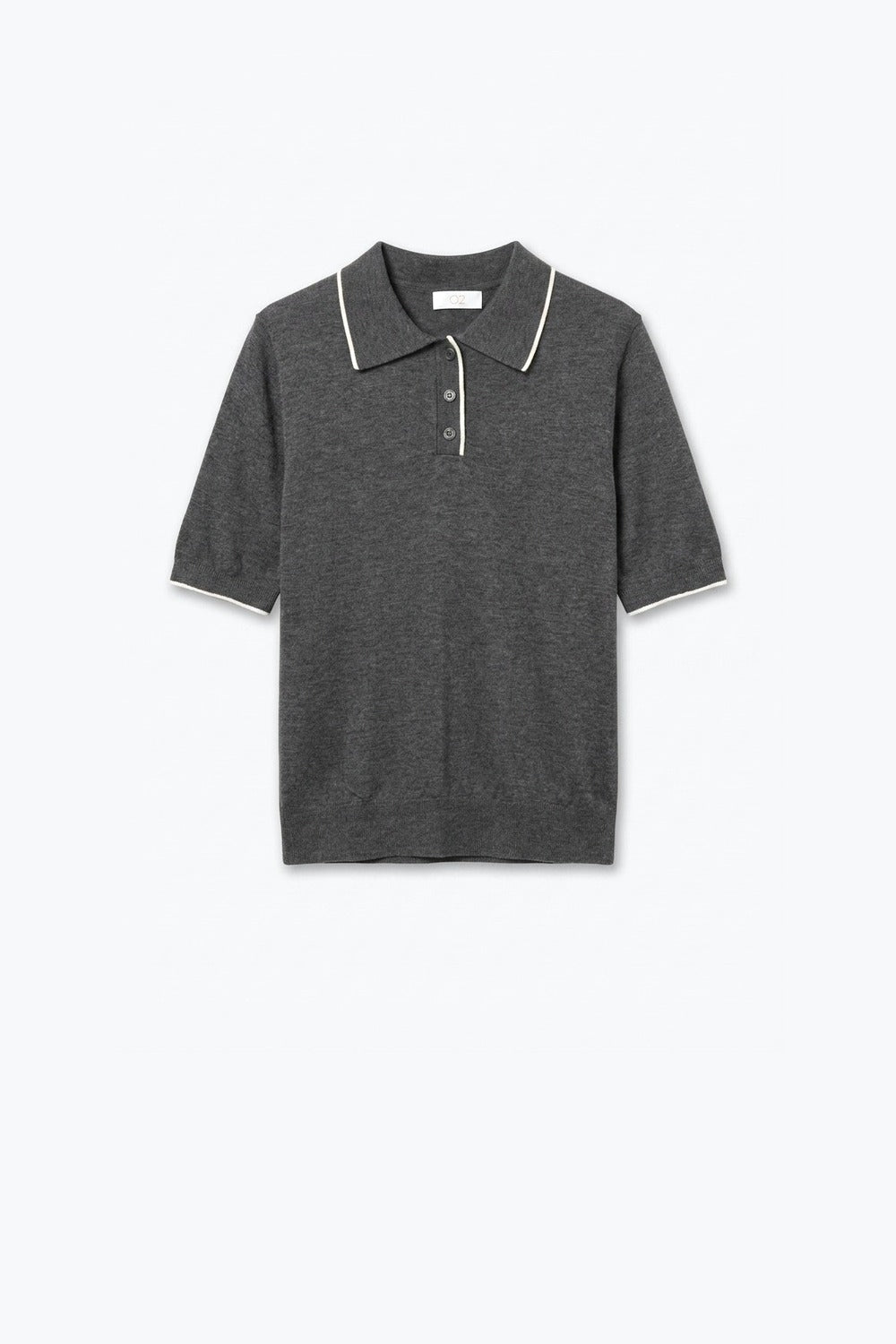 Suéter de Malha Fina Cinza com Contraste e Manga Curta com Gola Polo