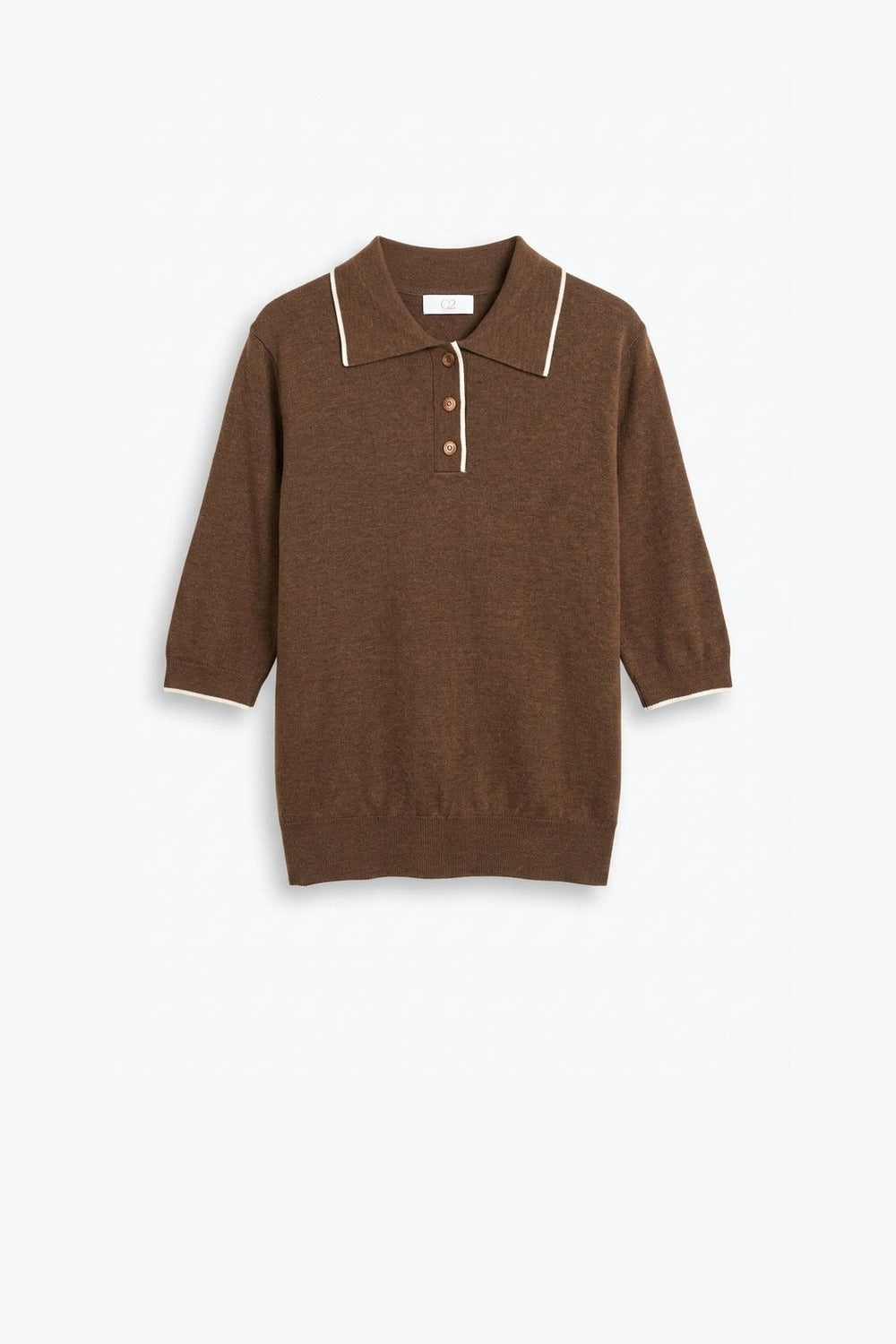 Suéter de Malha Fina Marrom com Gola Polo e Detalhe em Contraste