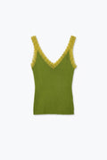Camisola de Malha Fina com Renda Contrastante em Verde Oliva
