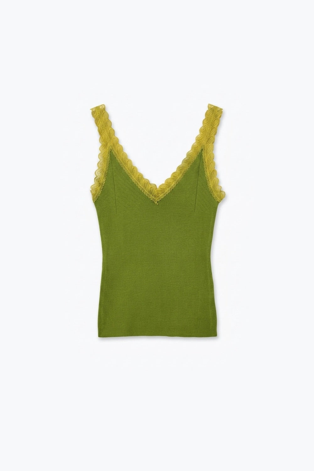 Camisola de Malha Fina com Renda Contrastante em Verde Oliva