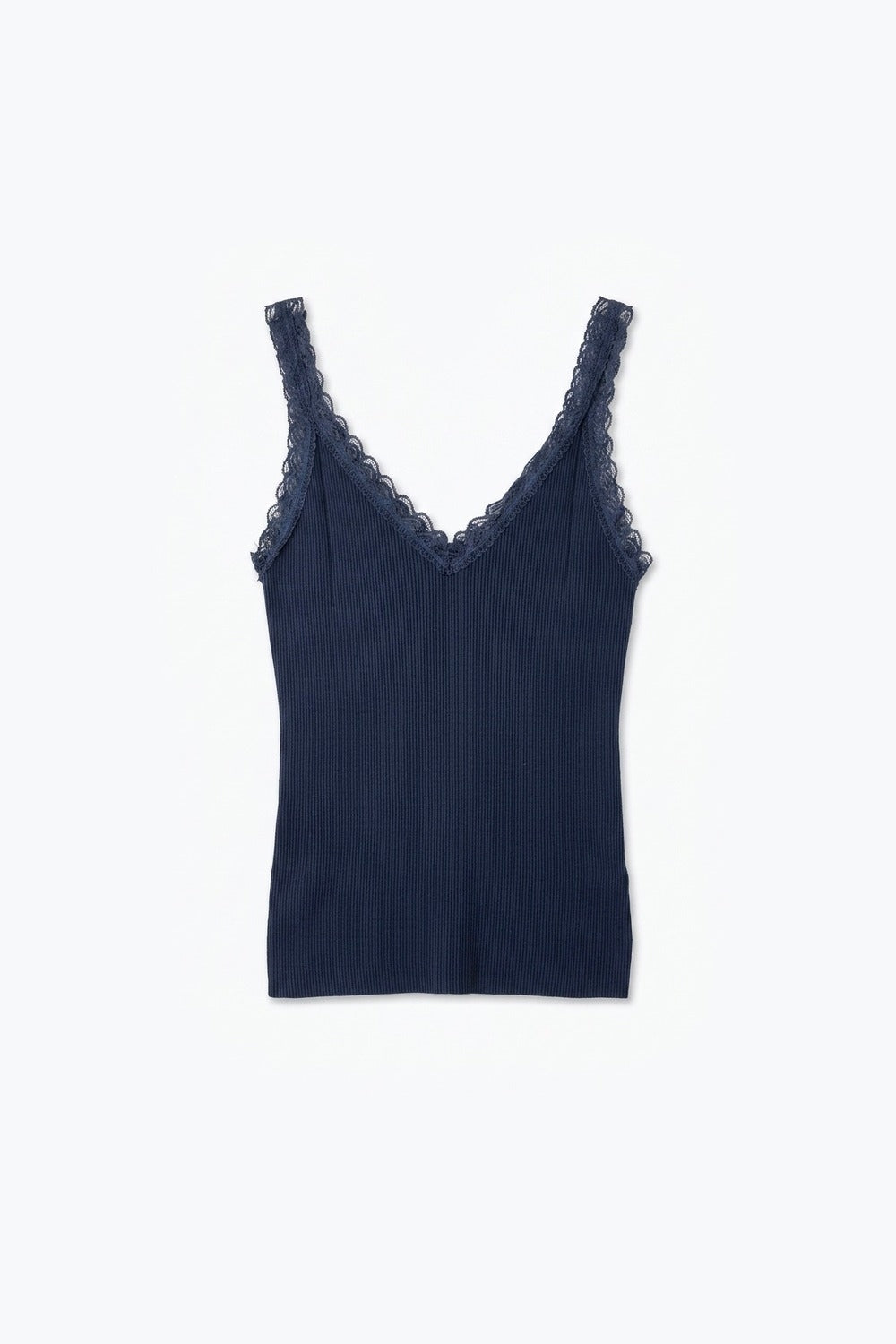 Camiseta sem mangas com decote em V e acabamento em renda de malha canelada azul-marinho