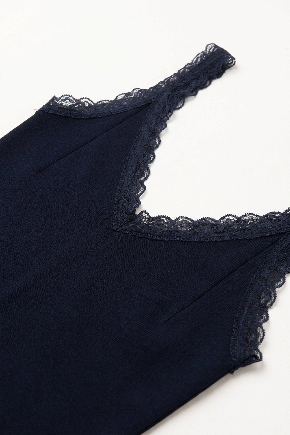 Camiseta sem mangas com decote em V e acabamento em renda de malha canelada azul-marinho