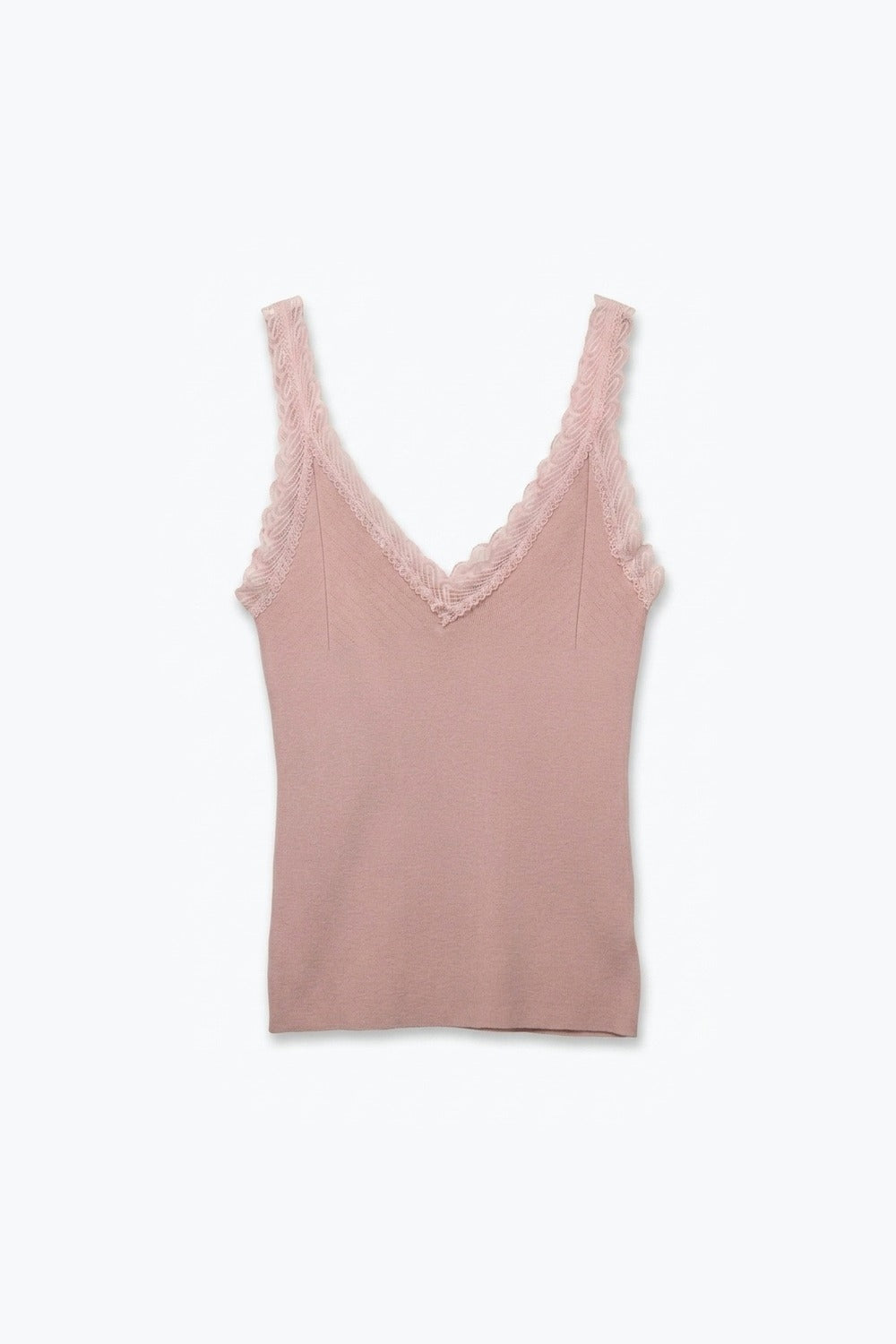 Top Sem Mangas em Malha Canelada Rosa Claro com Renda e Decote em V