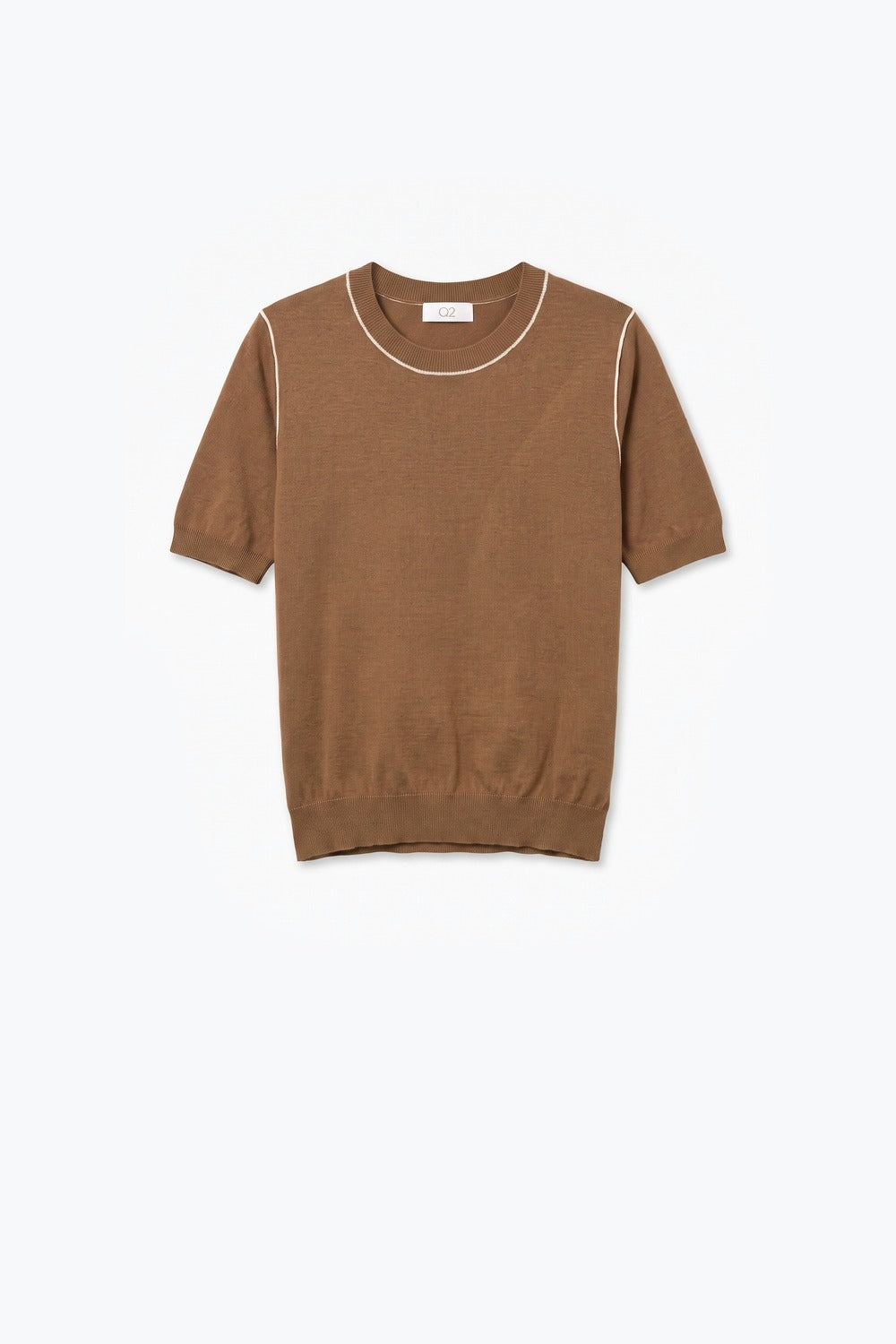 Camisola de Malha Fina Camelo com Costura Contrastante e Gola Redonda de Manga Curta