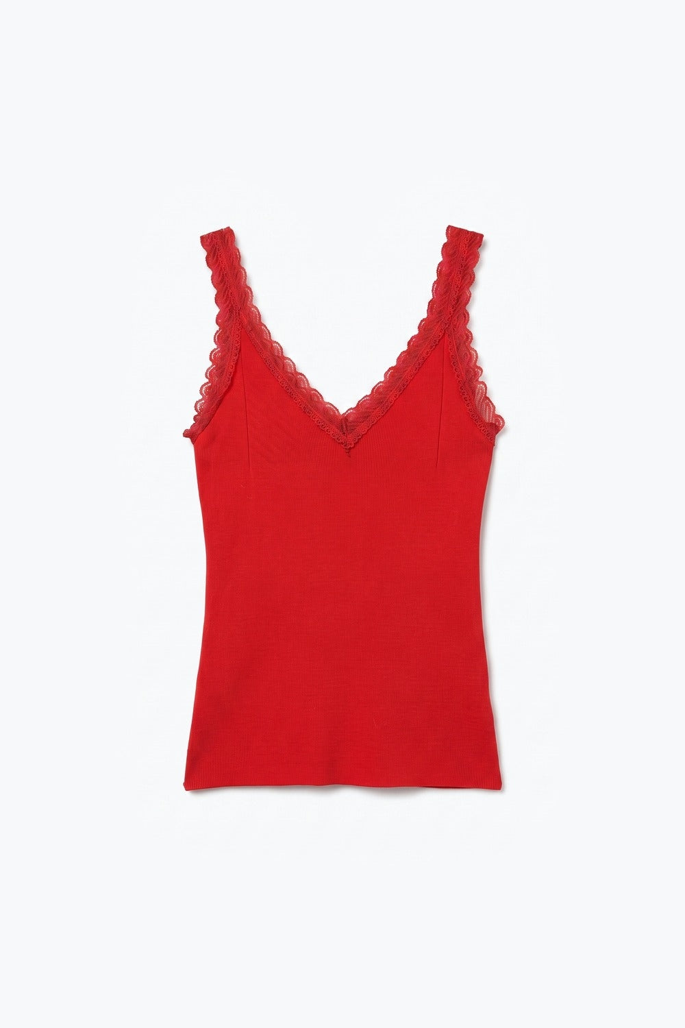 Top Sem Mangas com Decote em V Renda e Tricô Canelado Vermelho