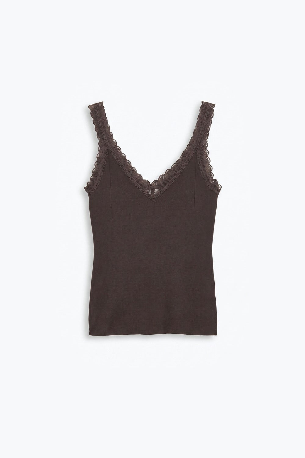 Regata Tricot Canelada Marrom com Renda no Decote V