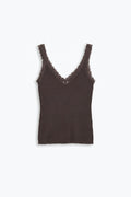 Regata Tricot Canelada Marrom com Renda no Decote V
