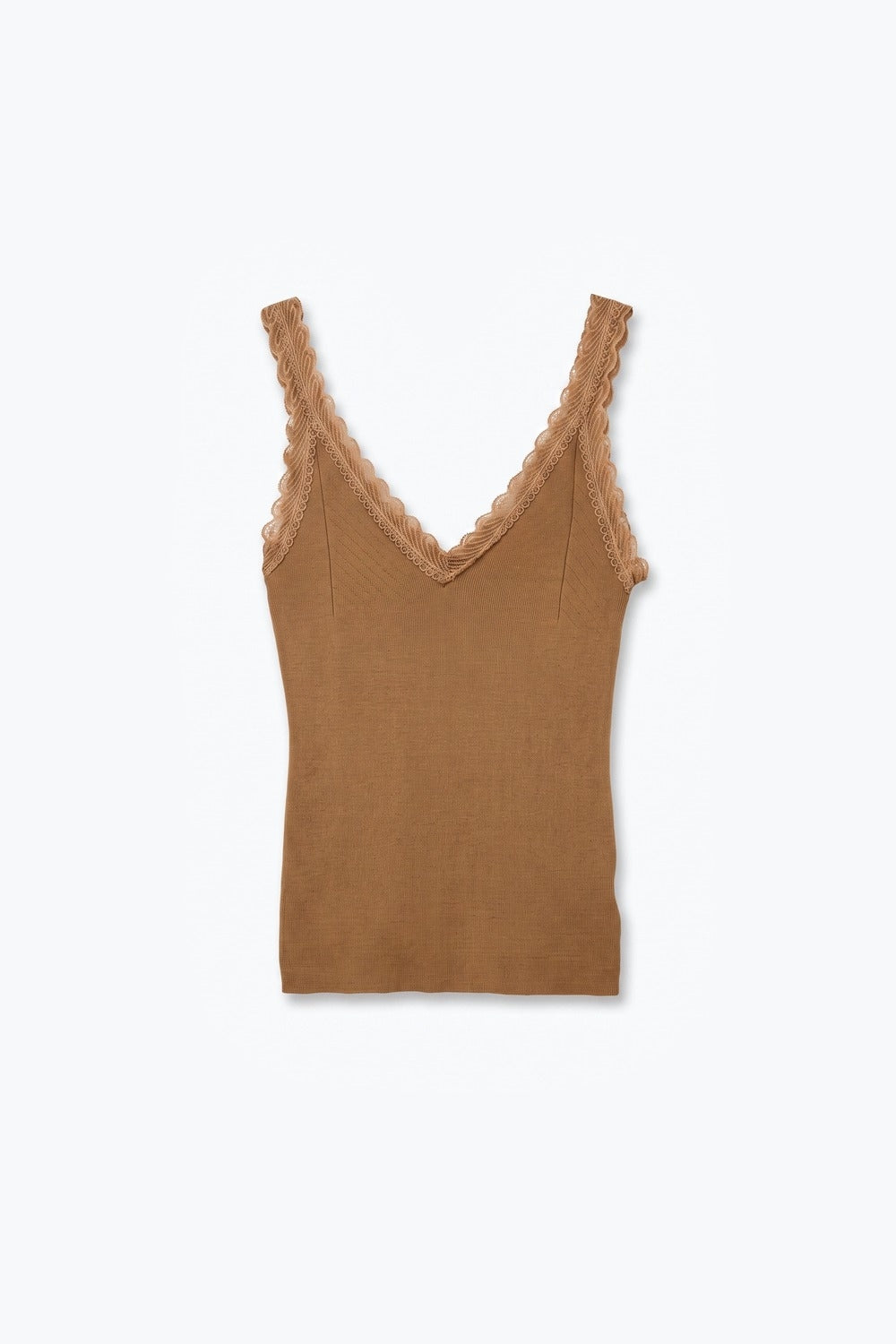 Camisola de Malha Fina com Renda em Contraste na cor camelo