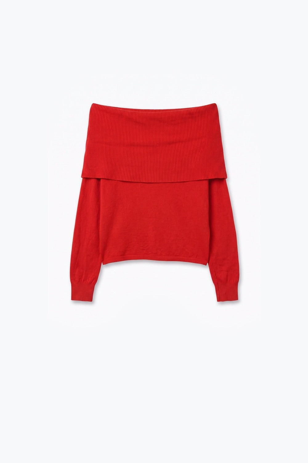 Suéter Vermelho de Malha Canelada com Decote Ombro a Ombro Dobrável