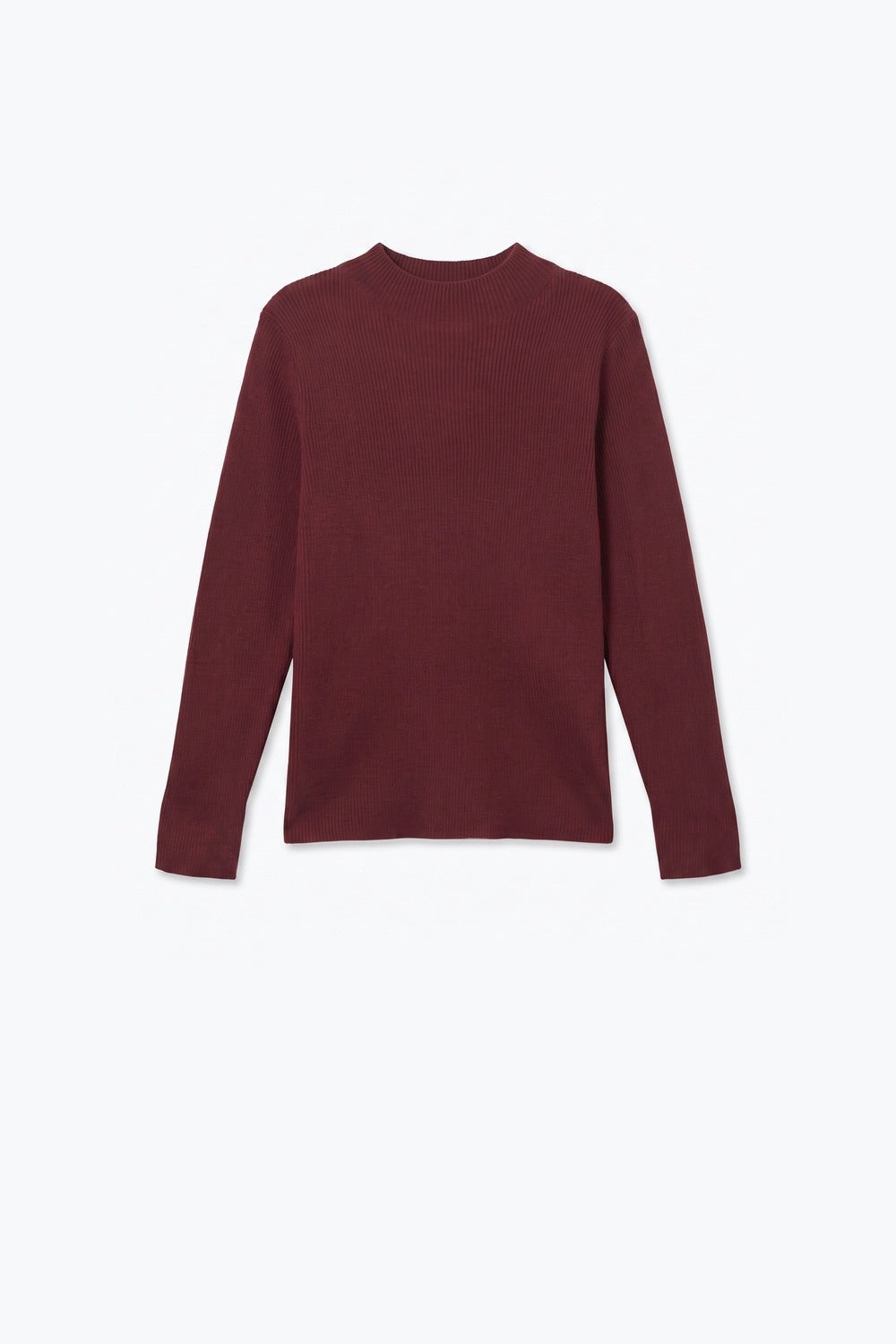 Suéter de Lã Merino com Gola Alta em Burgundy com Canelado Fino