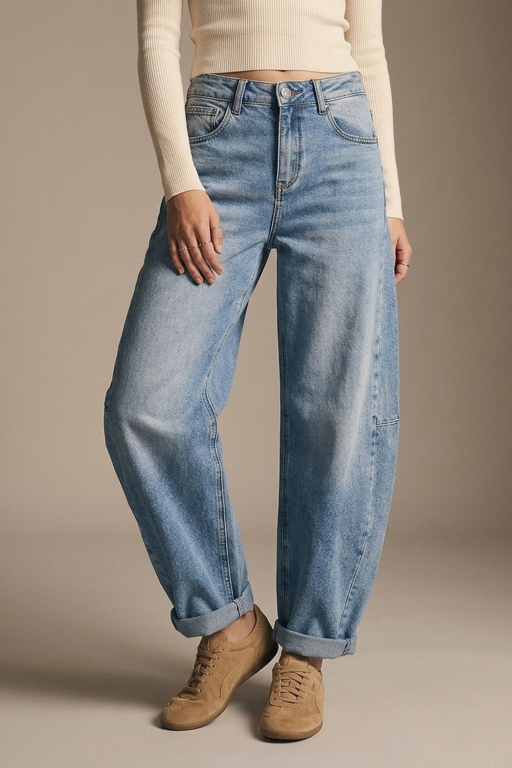 Calças de ganga de perna larga Barrel Blue Denim em lavagem clara
