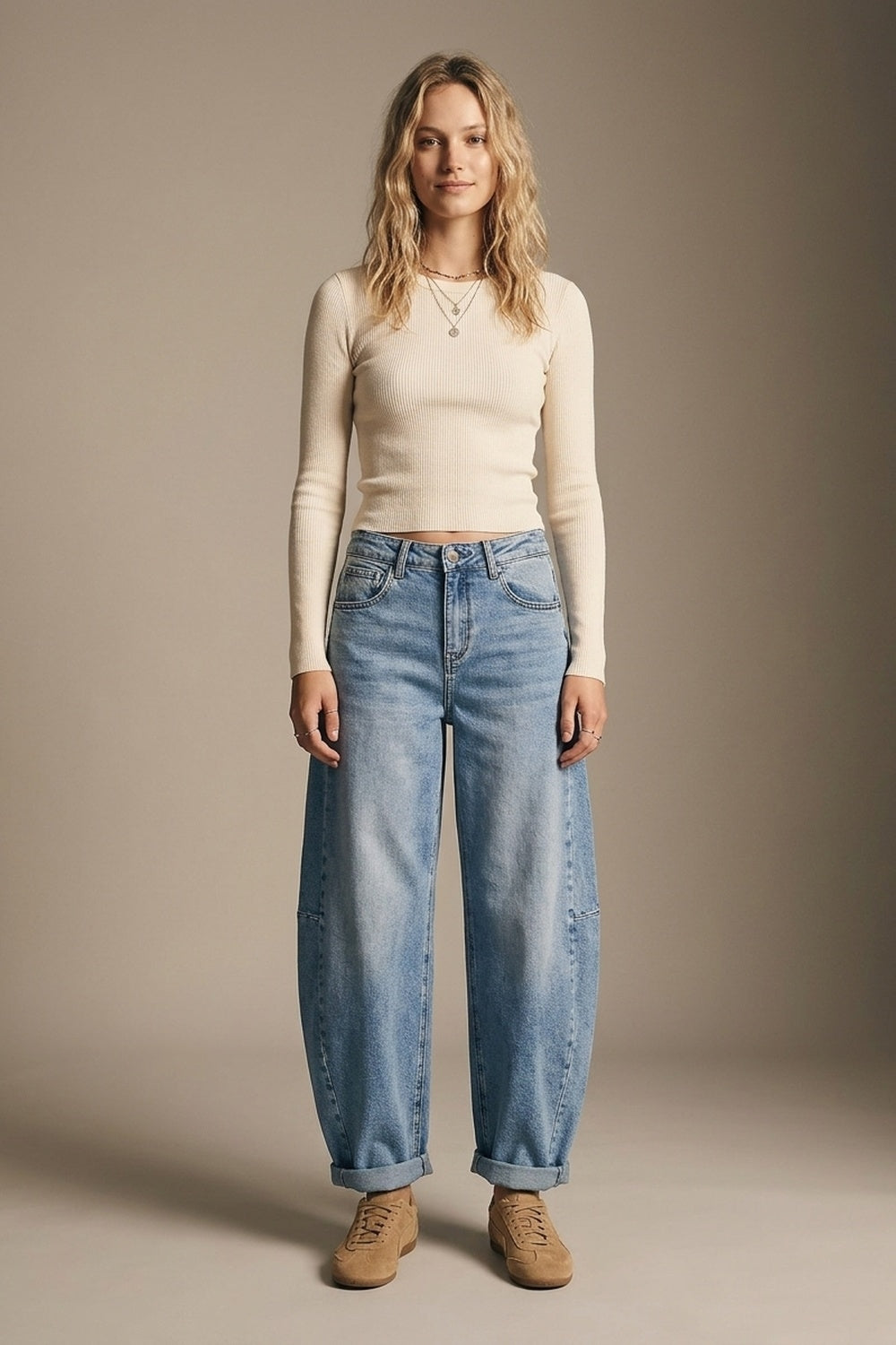Calças de ganga de perna larga Barrel Blue Denim em lavagem clara