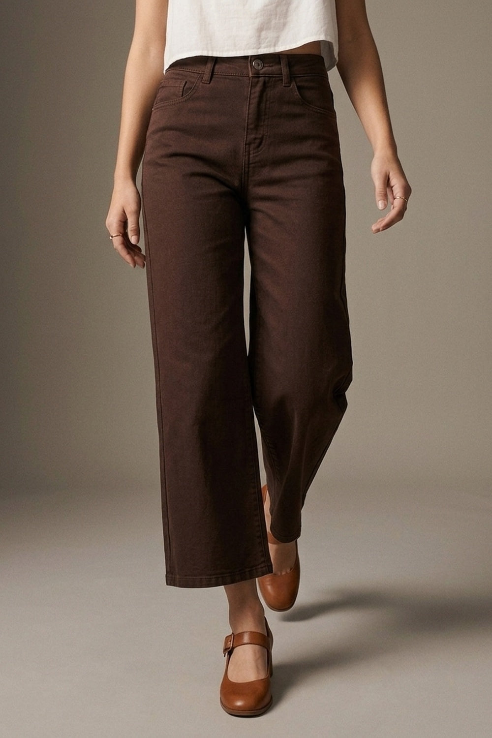 Calças Jeans Cropped de Perna Larga em Marrom Chocolate