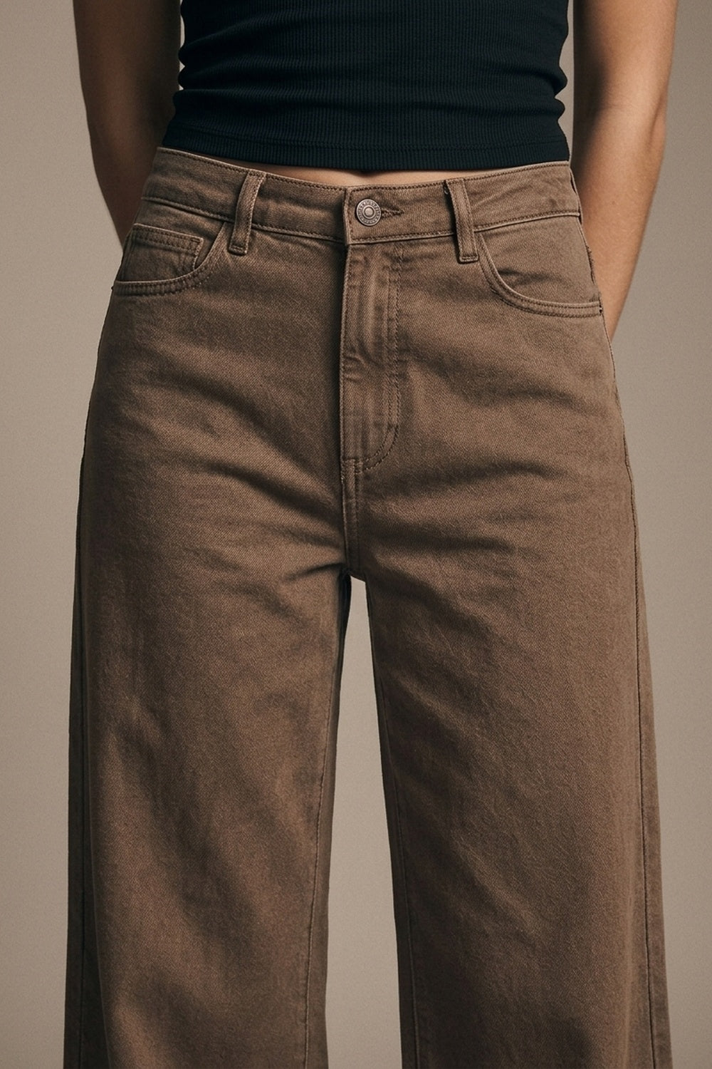 Calças de Denim de Algodão Castanho de Perna Larga Casual