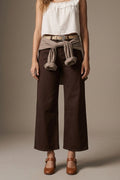 Calças Jeans Cropped de Perna Larga em Marrom Chocolate