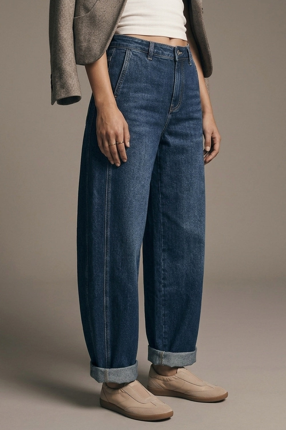 Jeans Azul Escuro de Pernas Largas com Bolsos Laterais
