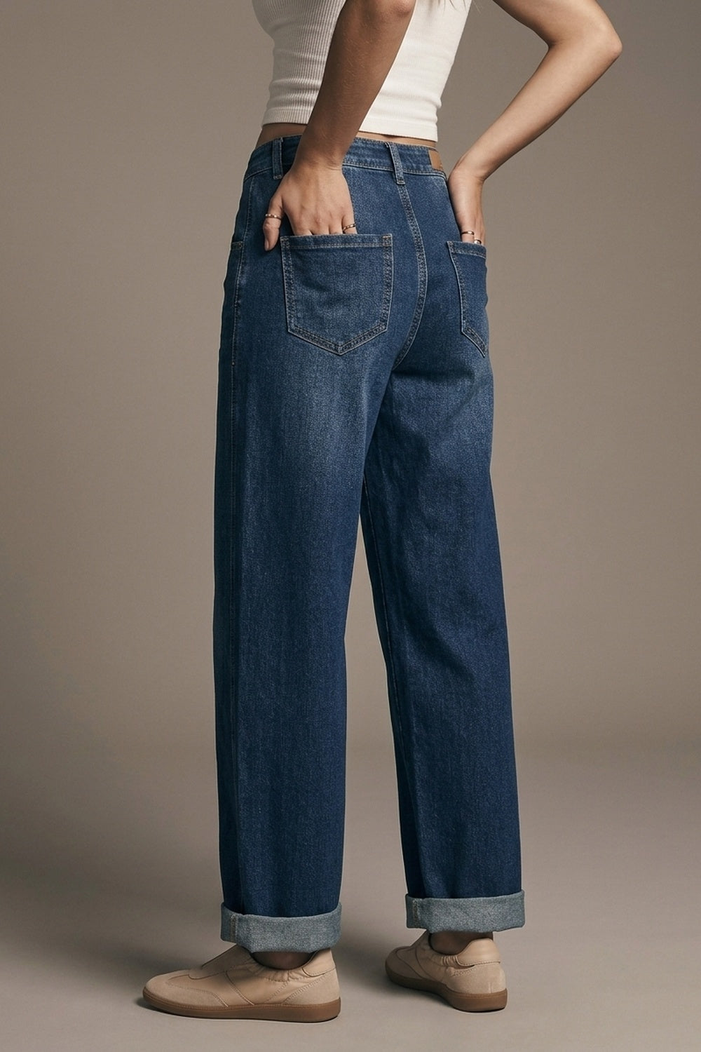 Jeans Azul Escuro de Pernas Largas com Bolsos Laterais