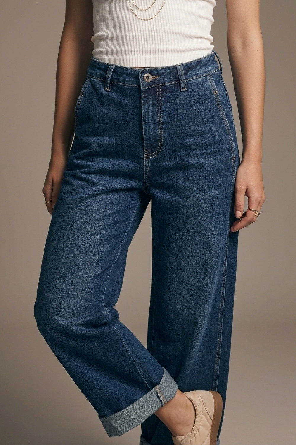 Jeans Azul Escuro de Pernas Largas com Bolsos Laterais