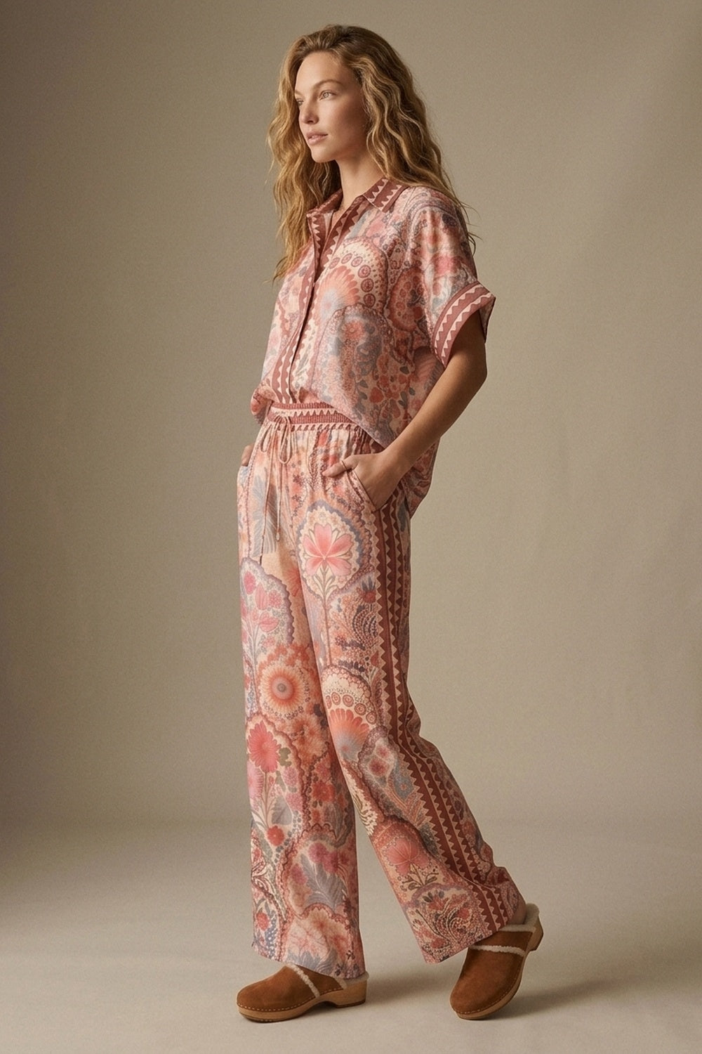 Pantalonas de tecido leve e estampado floral multicolorido com cintura larga