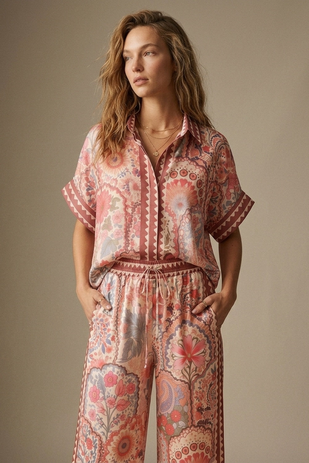 Camisa de Tecido Leve com Estampa Floral Multicolorida e Acabamento Contrastante