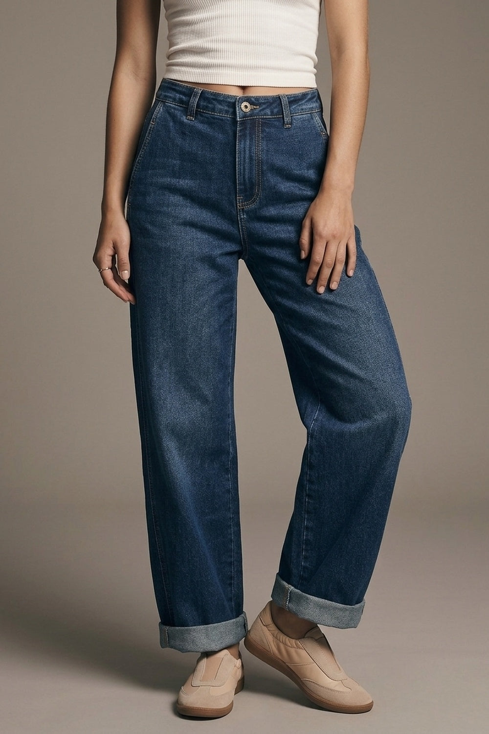 Jeans Azul Escuro de Pernas Largas com Bolsos Laterais