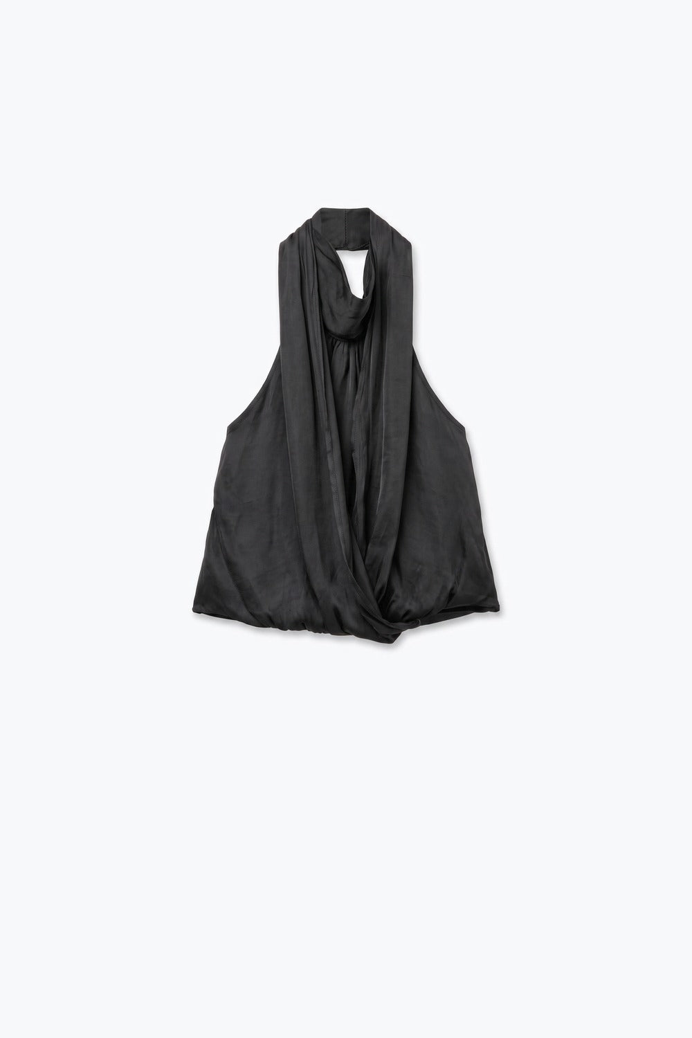 Blusa sem mangas com gola halter drapeada em cetim preto